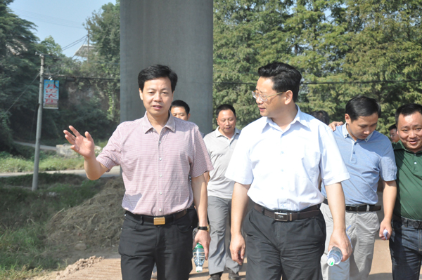 浏阳市洞阳镇党委书记吴世平(左)在向长沙市农业局局长吴石平(右)介绍